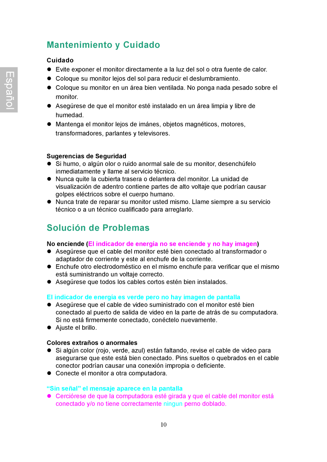 Ativa AT24OHP Mantenimiento y Cuidado, Solución de Problemas, Sugerencias de Seguridad, Colores extraños o anormales 