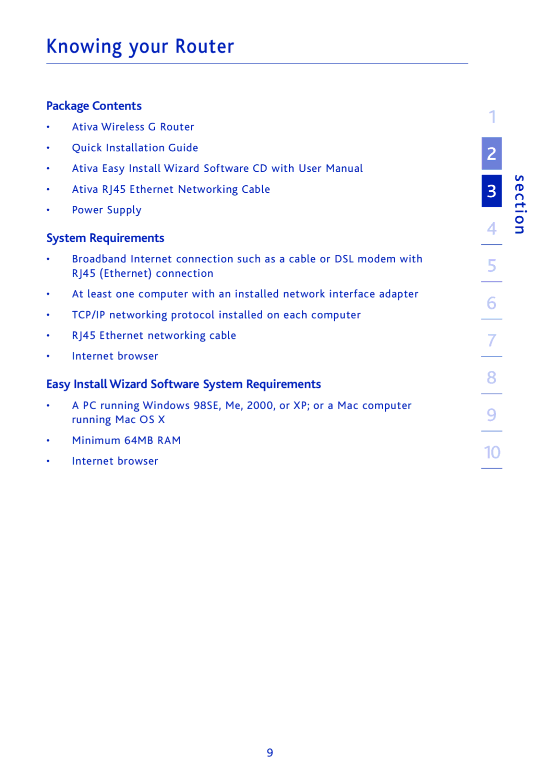 Ativa AWGR54 user manual Package Contents, Easy Install Wizard Software System Requirements 