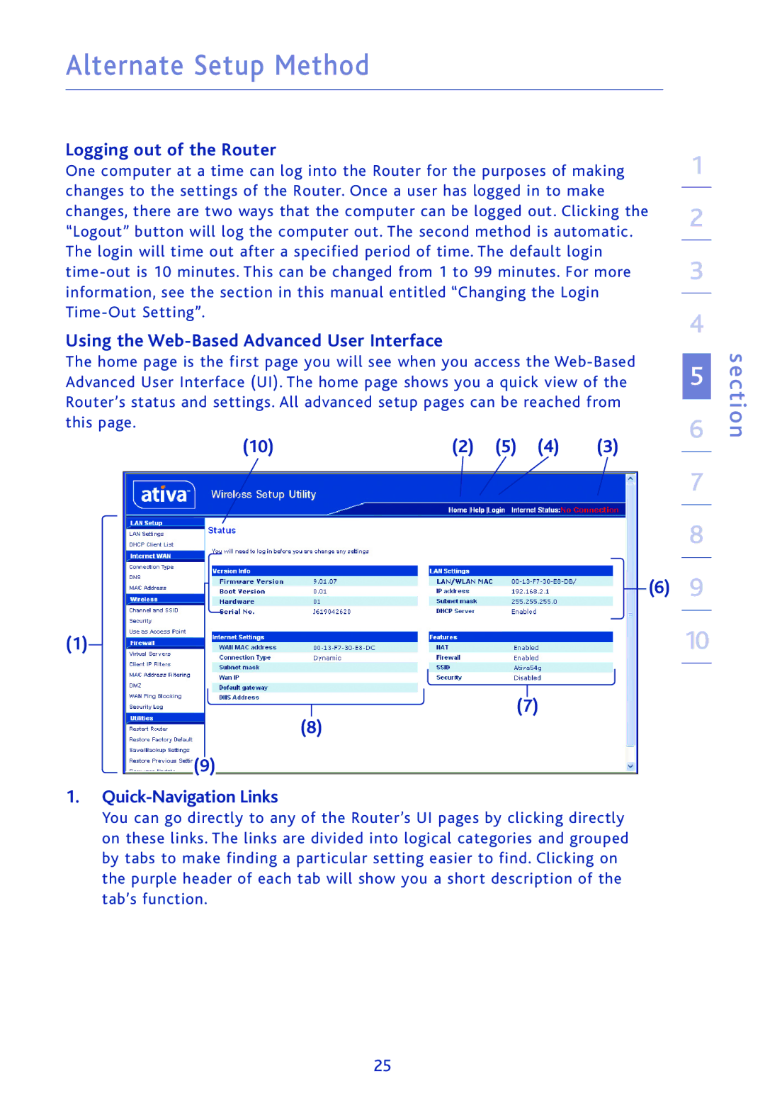 Ativa AWGR54 user manual Logging out of the Router, Using the Web-Based Advanced User Interface, Quick-Navigation Links 