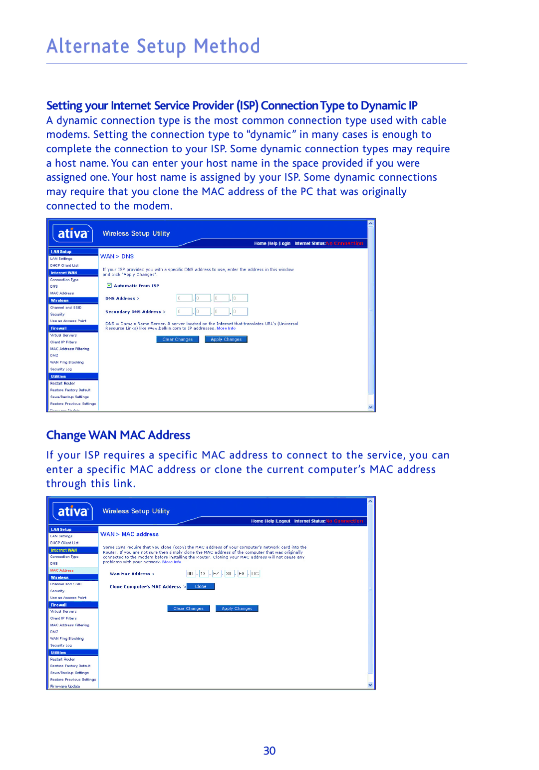 Ativa AWGR54 user manual Change WAN MAC Address 