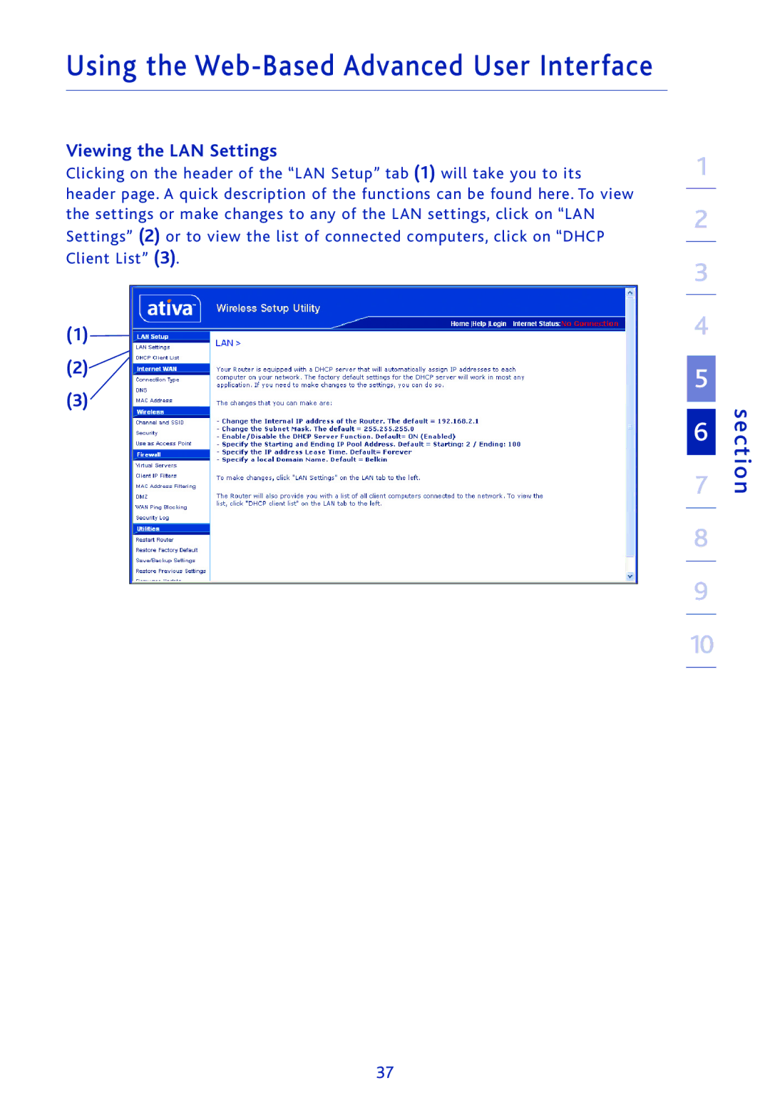 Ativa AWGR54 user manual Using the Web-Based Advanced User Interface, Viewing the LAN Settings 