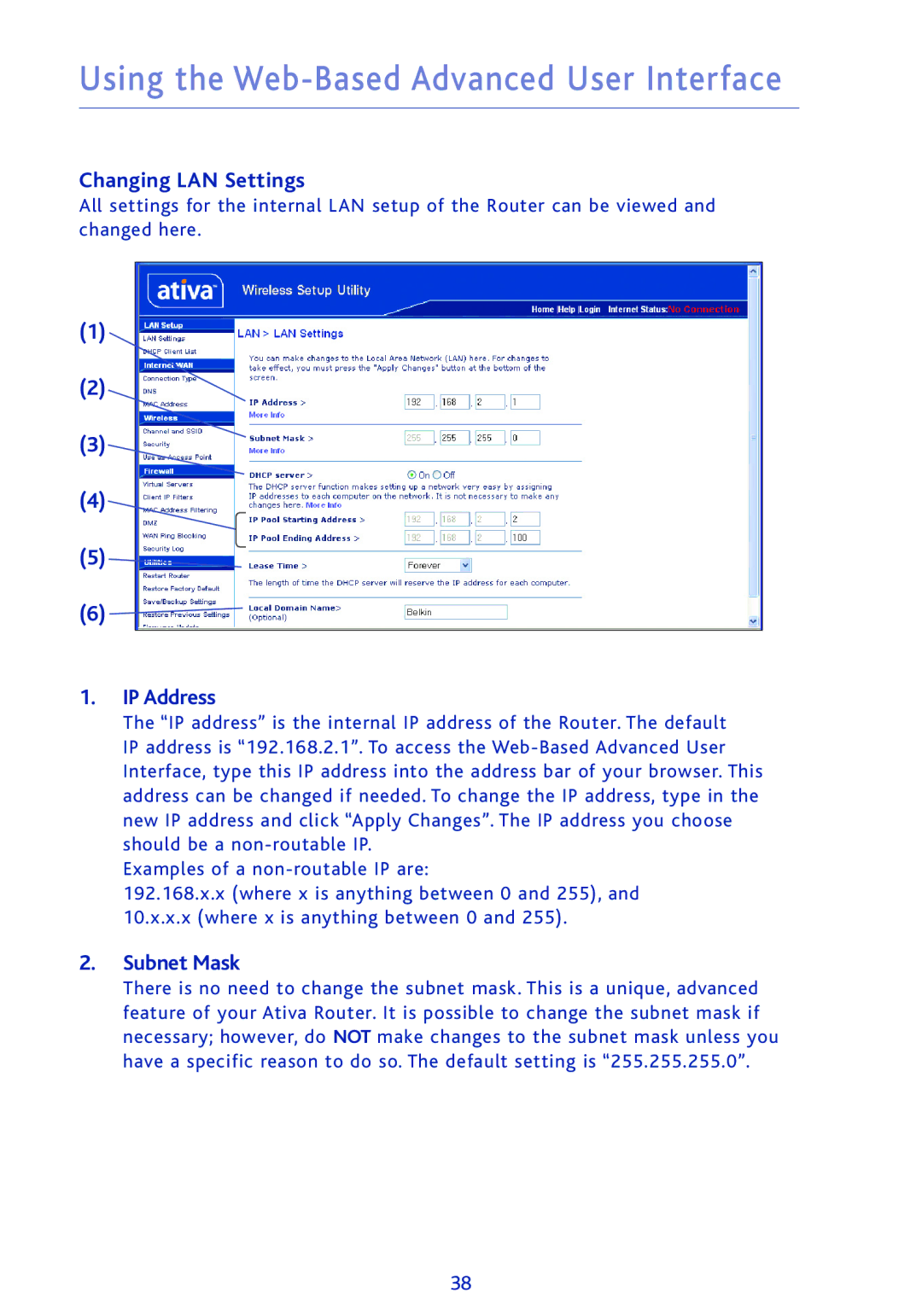 Ativa AWGR54 user manual Using the Web-Based Advanced User Interface, Changing LAN Settings 