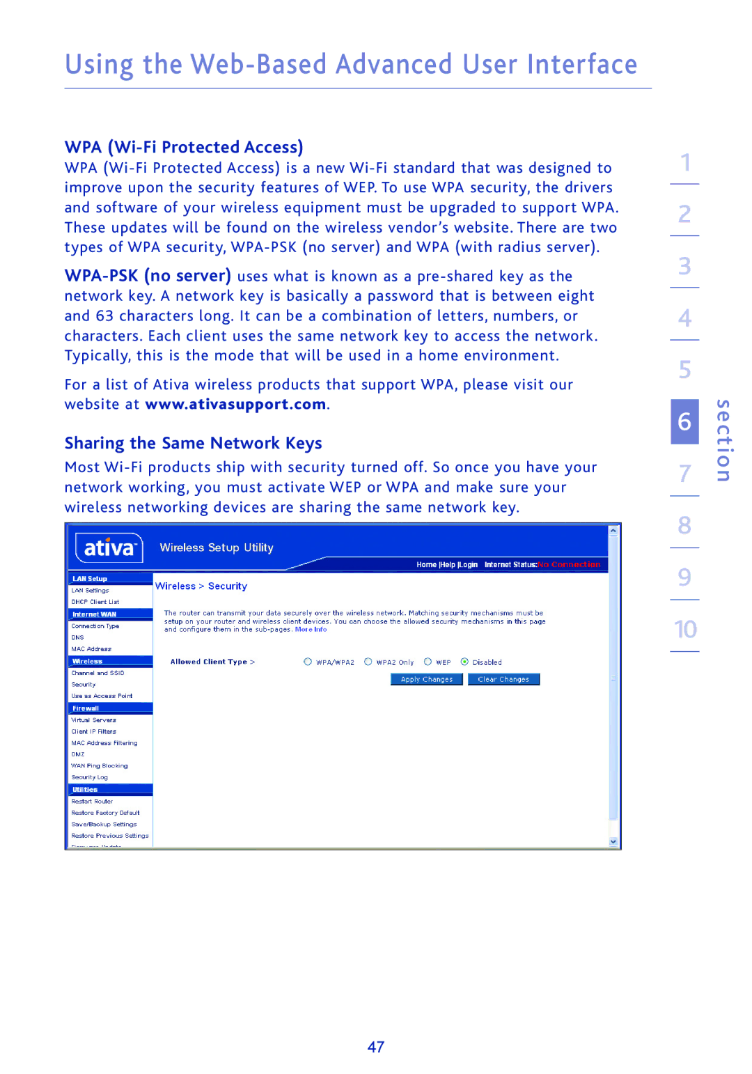 Ativa AWGR54 user manual WPA Wi-Fi Protected Access, Sharing the Same Network Keys 