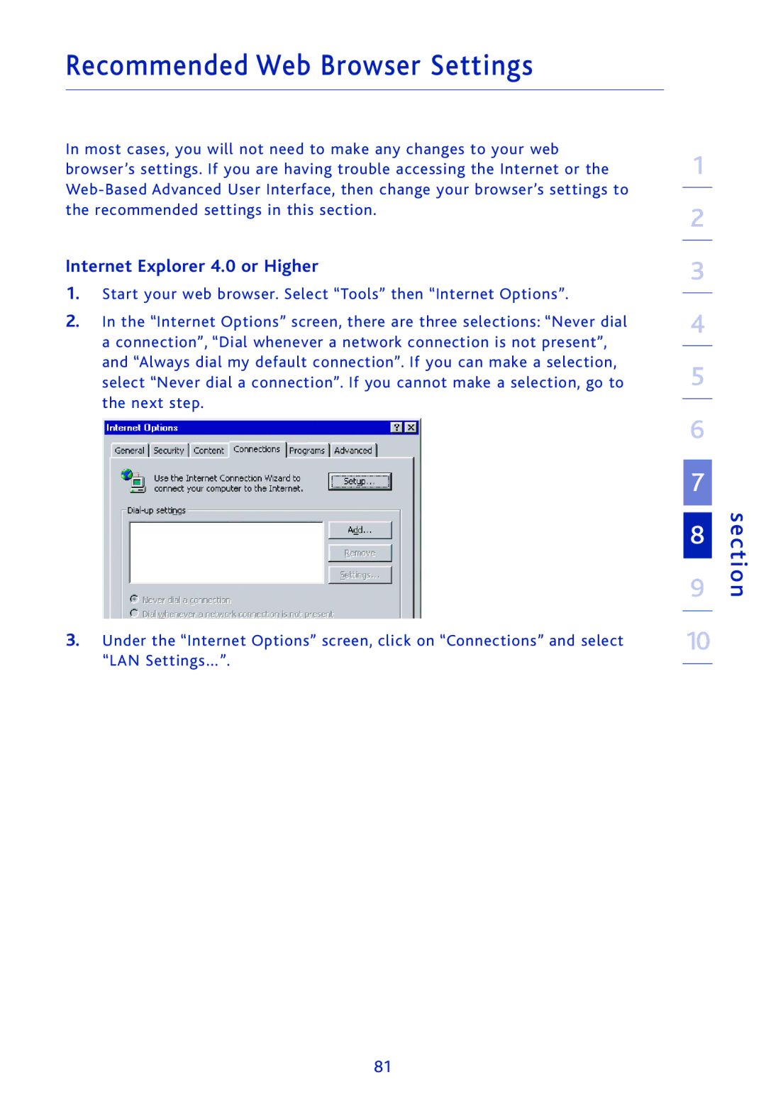 Ativa AWGR54 user manual Recommended Web Browser Settings, Internet Explorer 4.0 or Higher 