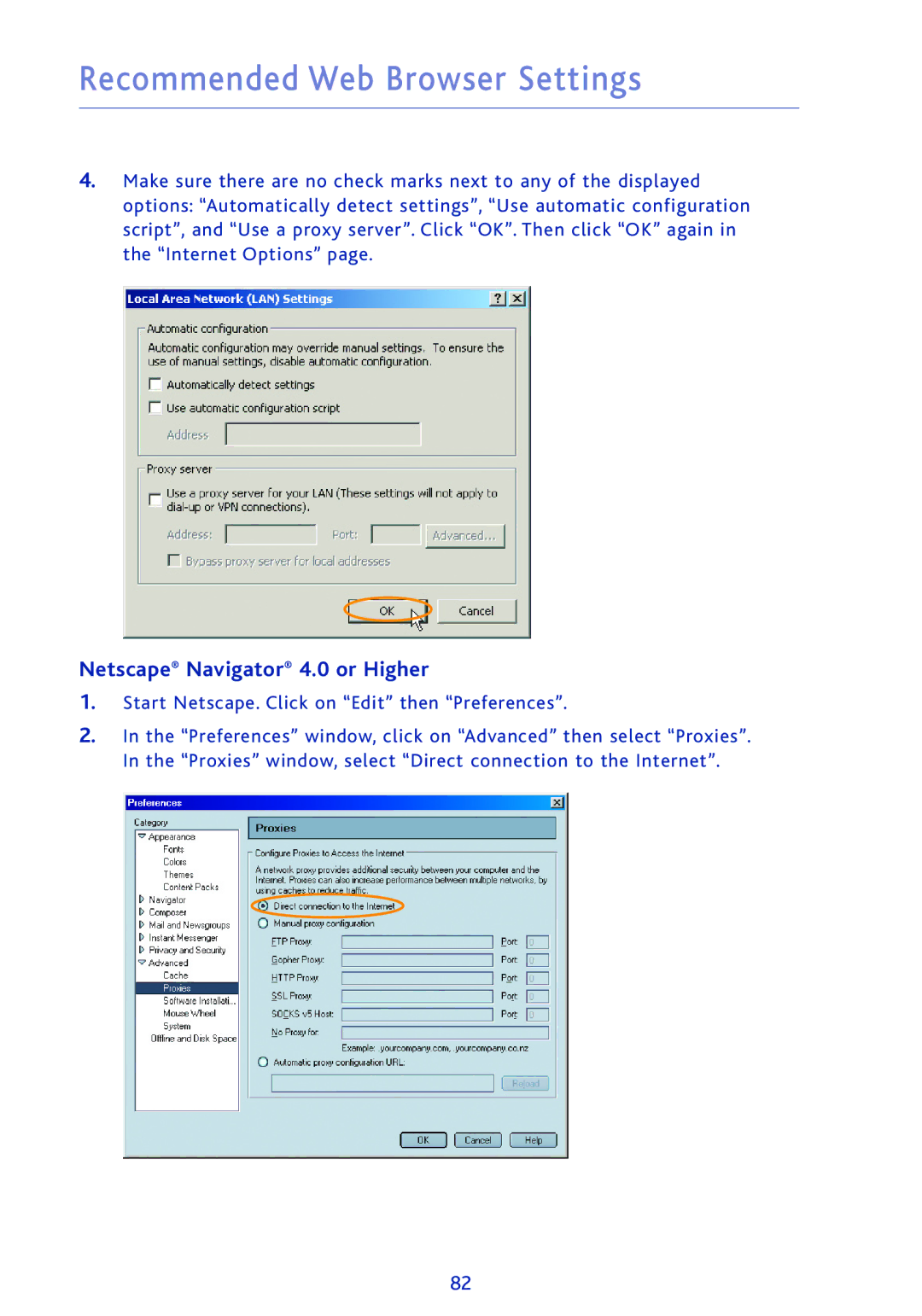 Ativa AWGR54 user manual Recommended Web Browser Settings, Netscape Navigator 4.0 or Higher 