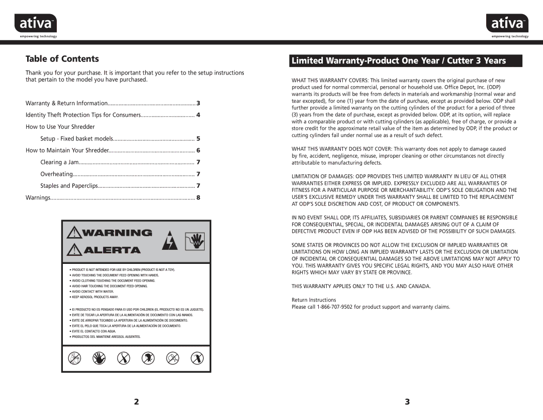 Ativa CS 2165, CS2171 manual Table of Contents, Limited Warranty-Product One Year / Cutter 3 Years 