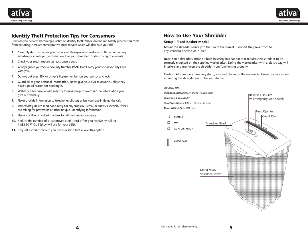 Ativa CS2171, CS 2165 Identity Theft Protection Tips for Consumers, How to Use Your Shredder, Setup Fixed basket model 