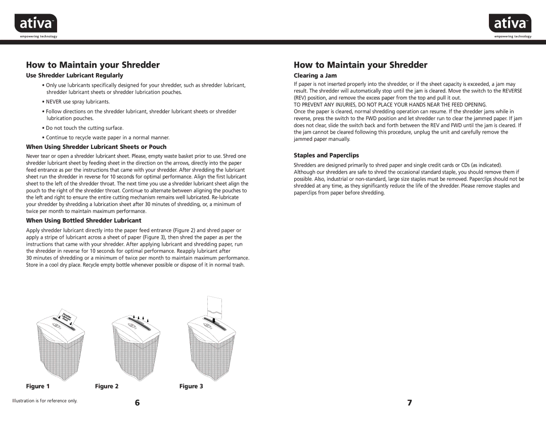 Ativa CS 2165, CS2171 manual How to Maintain your Shredder 