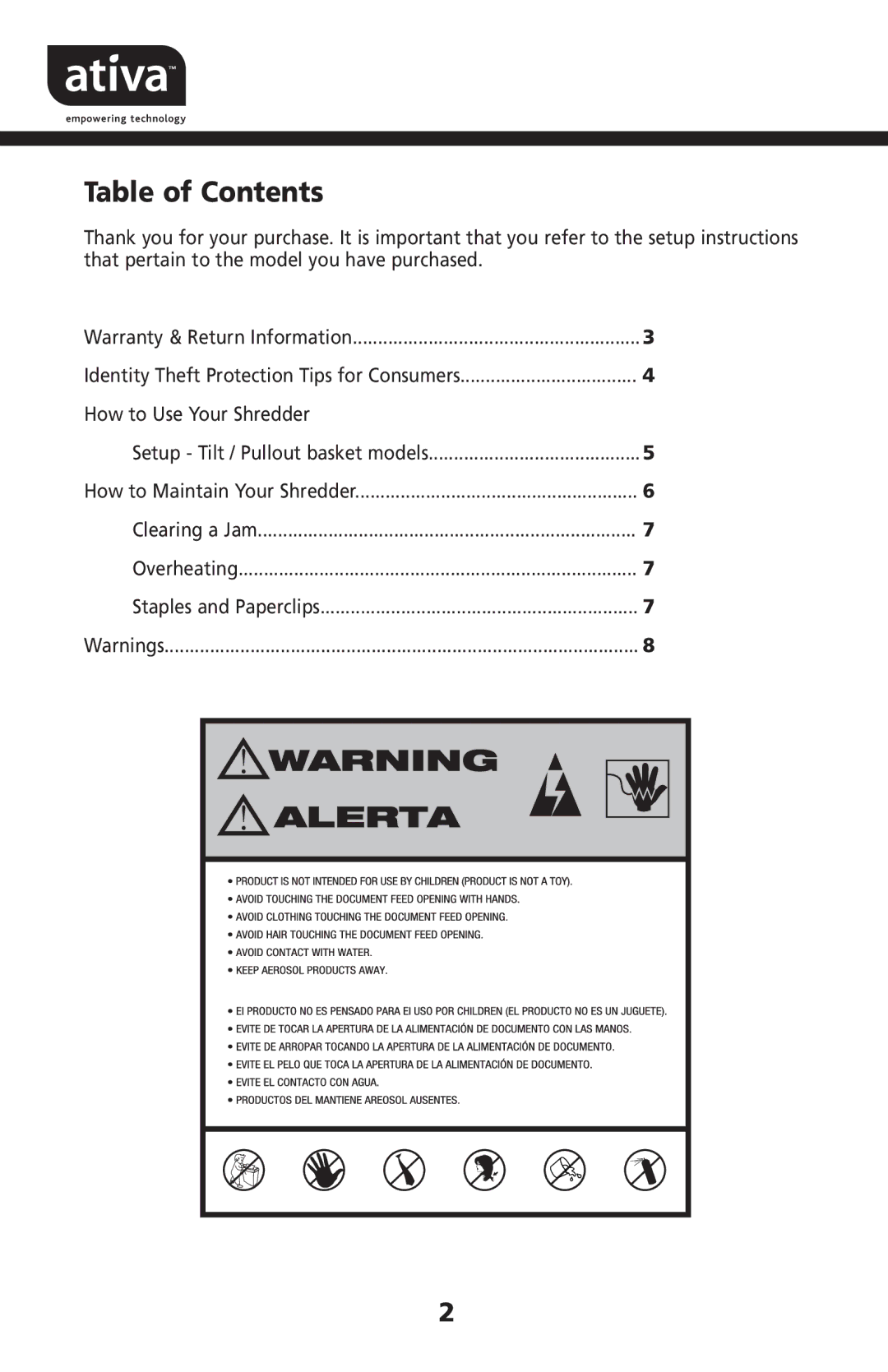 Ativa DSD160D, DXD120D manual Table of Contents 