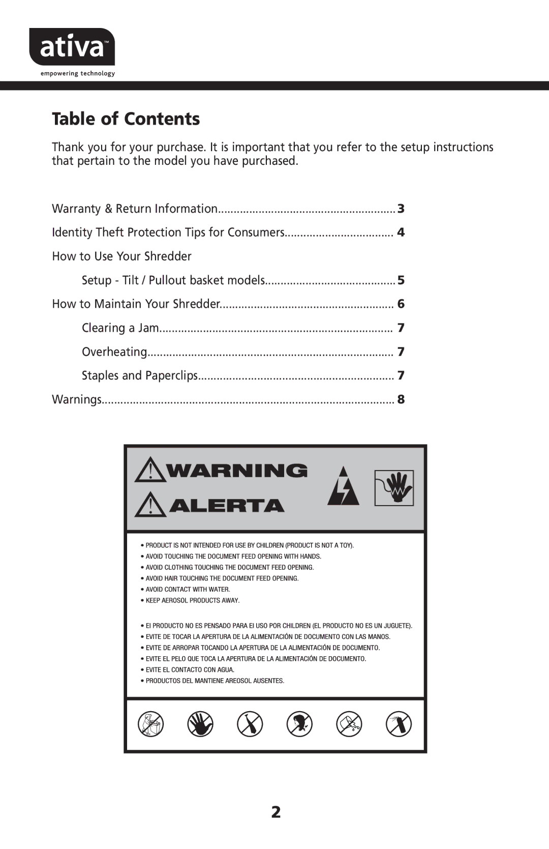 Ativa DXC240D, DXC180D, DMC120D manual Table of Contents 