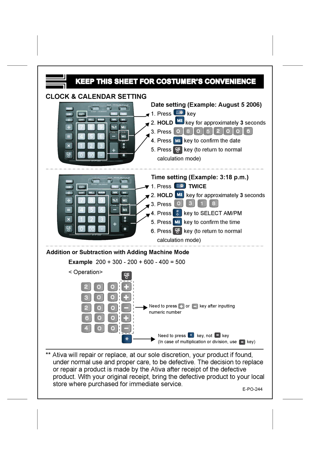 Ativa E-PO-244 manual Keep this Sheet for COSTUMER’S Convenience, Clock & Calendar Setting, Date setting Example August 5 