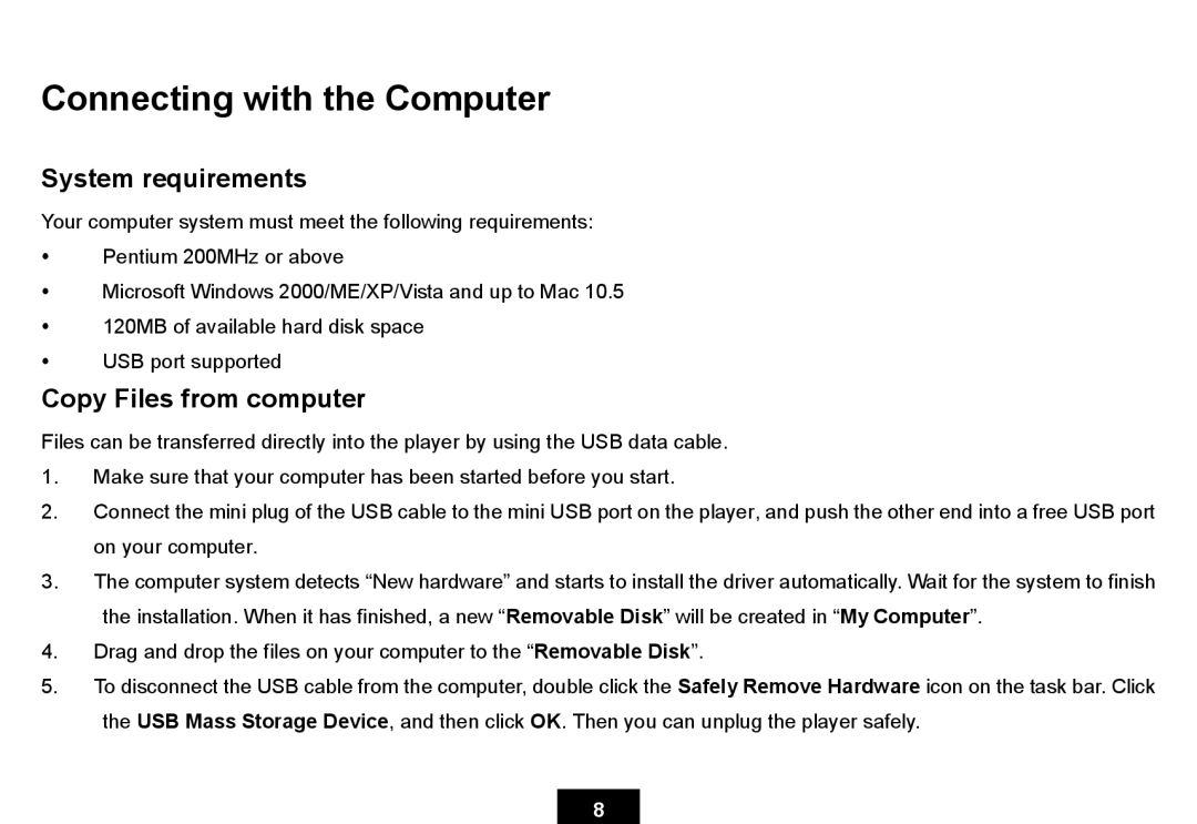 Ativa KS02 manual Connecting with the Computer, System requirements, Copy Files from computer 