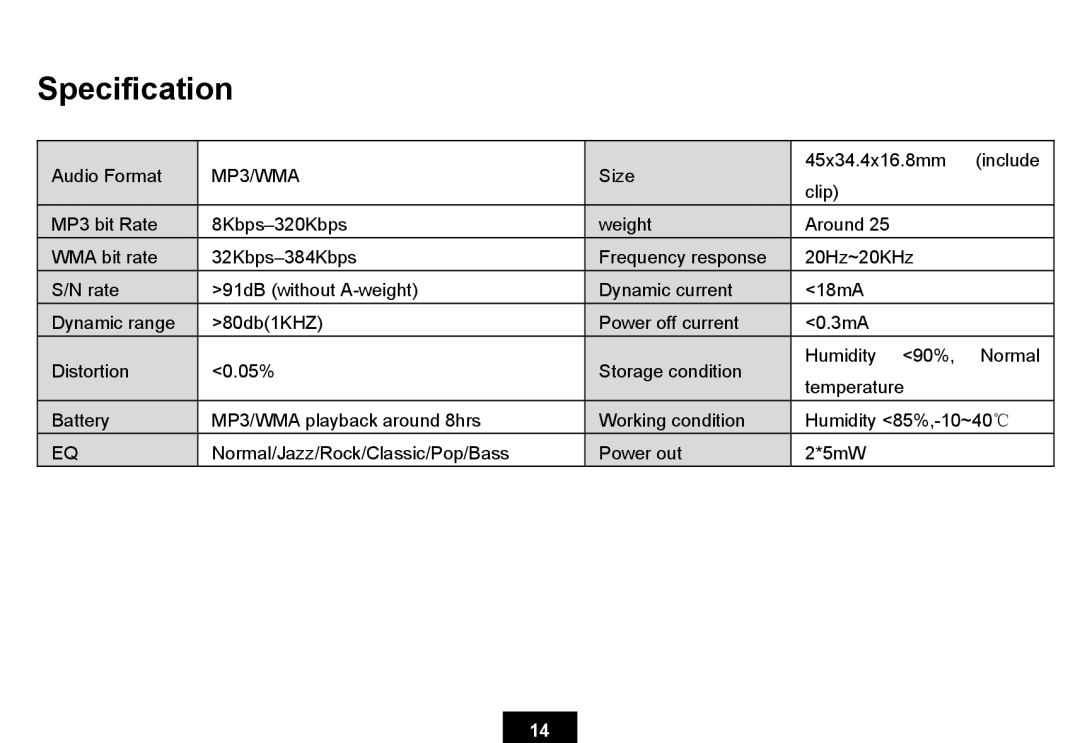 Ativa KS02 manual Specification, MP3/WMA 