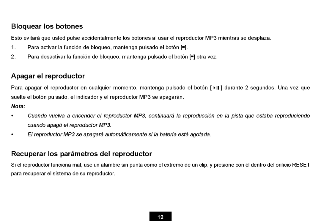 Ativa KS02 manual Bloquear los botones, Apagar el reproductor, Recuperar los parámetros del reproductor 