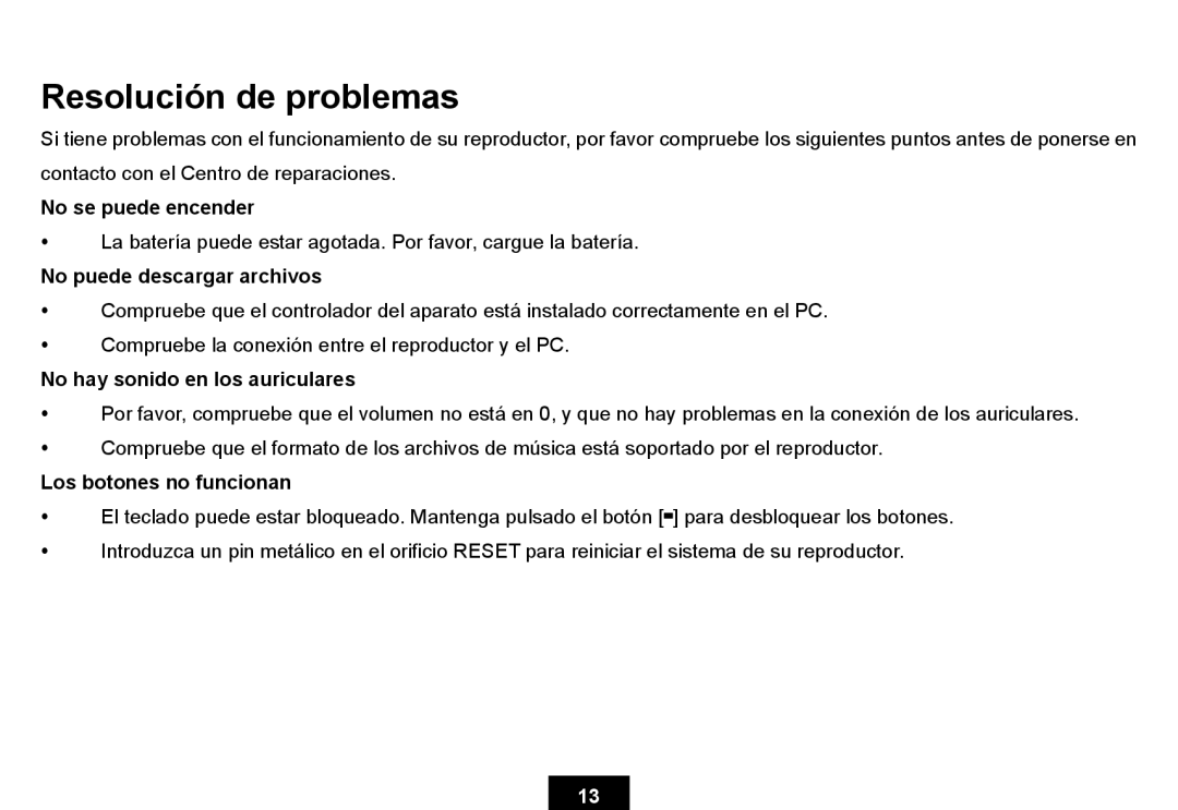 Ativa KS02 Resolución de problemas, No se puede encender, No puede descargar archivos, No hay sonido en los auriculares 