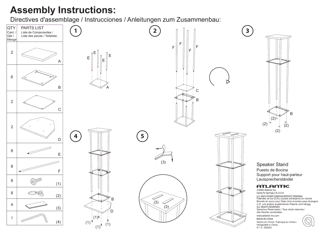 Atlantic 050202 manual Assembly Instructions, Speaker Stand 