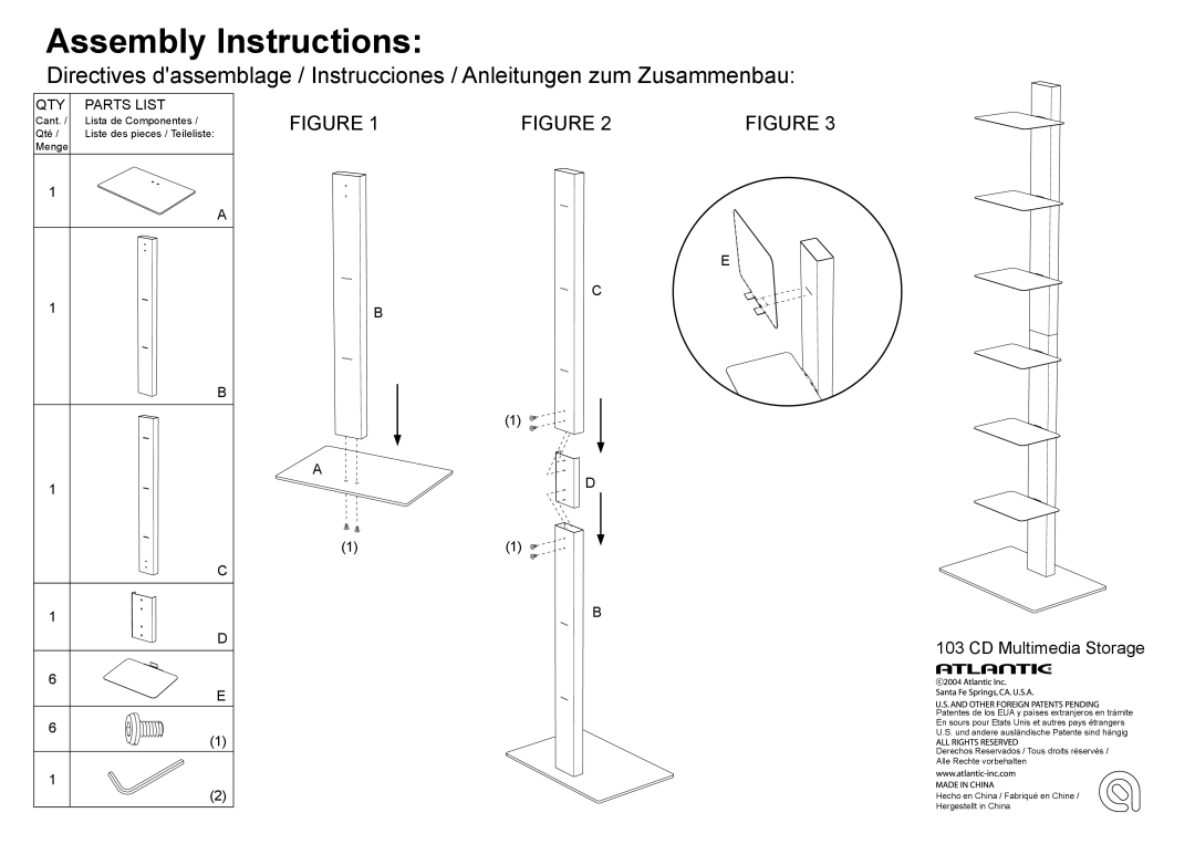Atlantic 103 manual Assembly Instructions, CD Multimedia Storage, Qty Parts List, 1 1 1 1, A B C D E, E C 1 D 1 B 