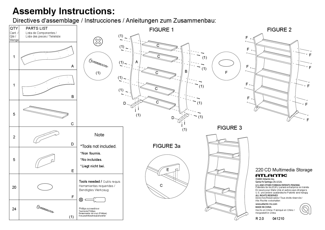 Atlantic 220 manual Assembly Instructions, CD Multimedia Storage, Tools not included 