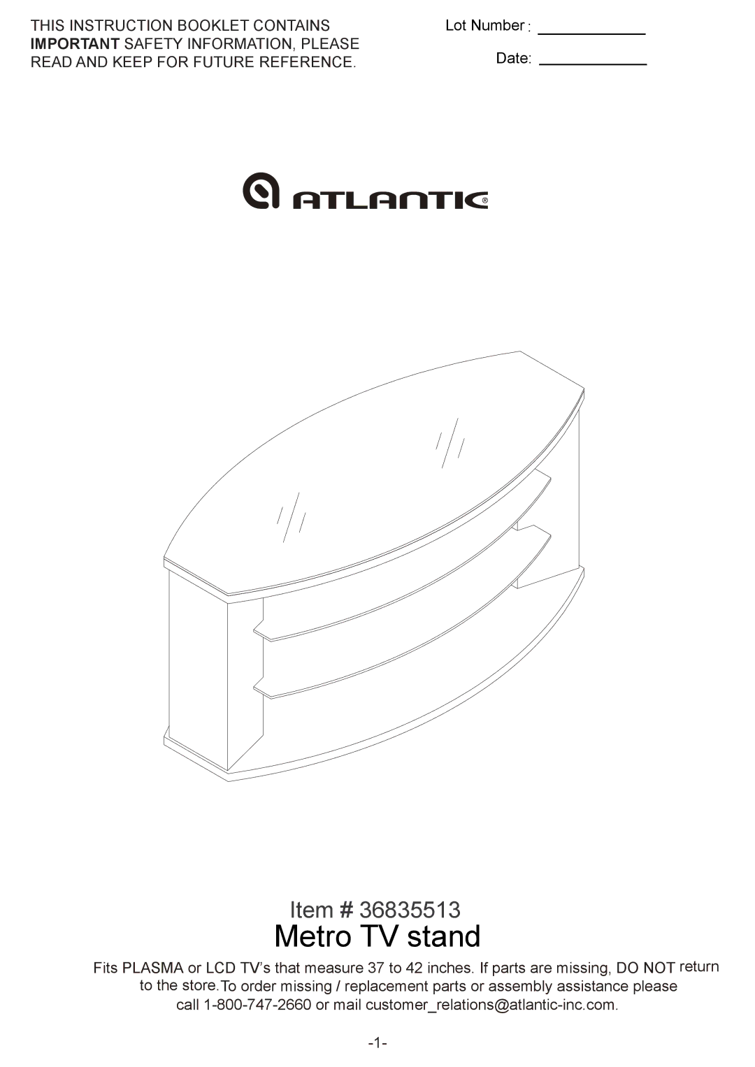 Atlantic 36835513 manual Metro TV stand 