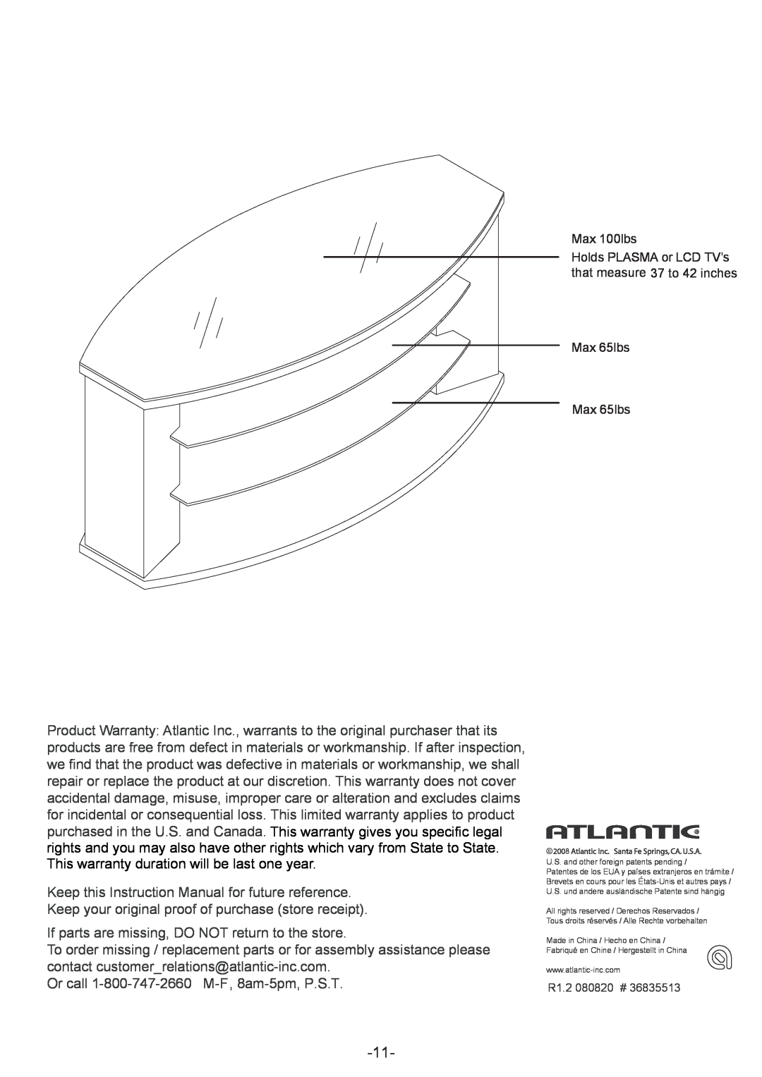 Atlantic 36835513 manual If parts are missing, DO NOT return to the store 