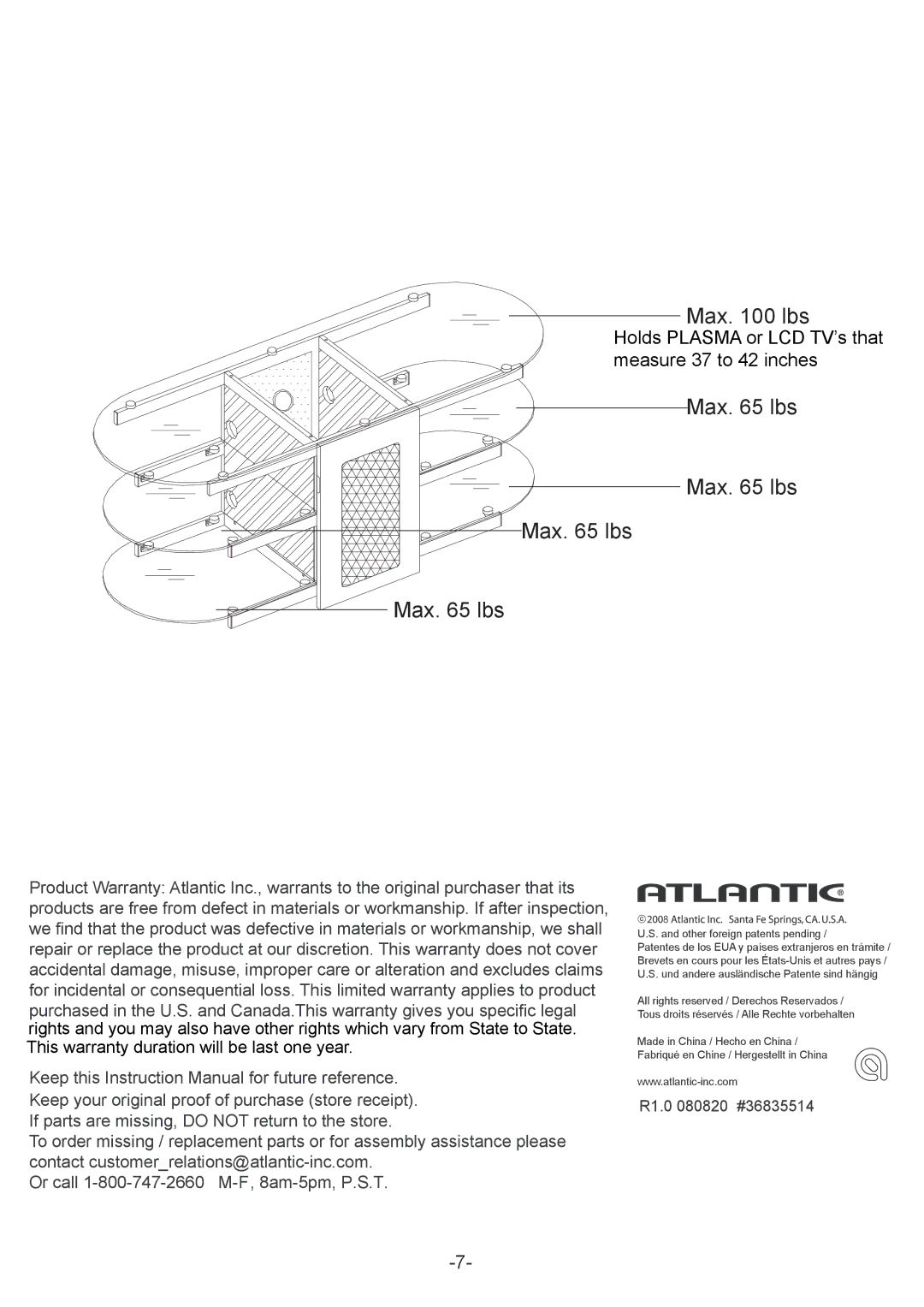 Atlantic 36835514 manual Max lbs 