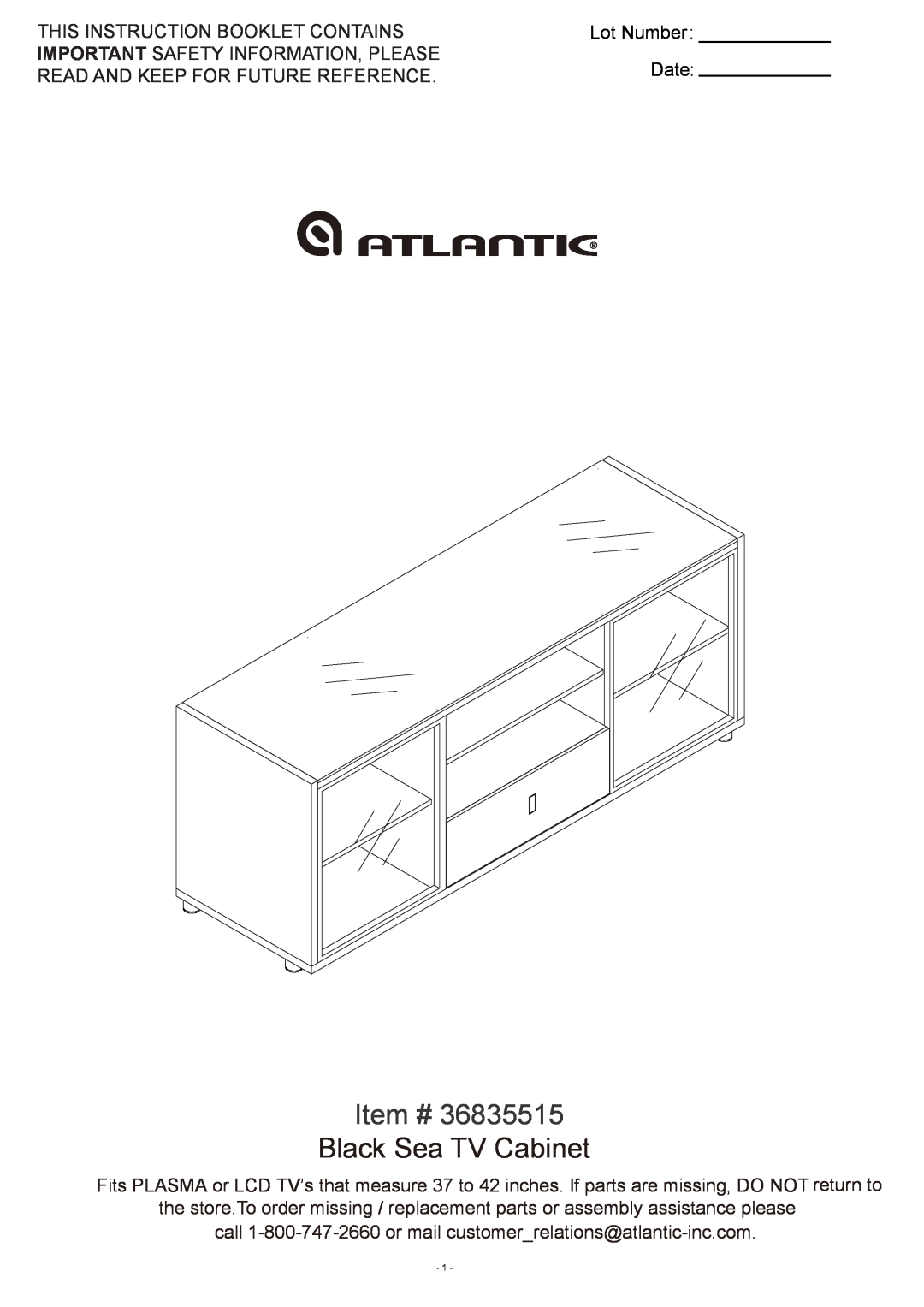 Atlantic 36835515 manual Item #, Black Sea TV Cabinet, This Instruction Booklet Contains, Lot Number, Date 