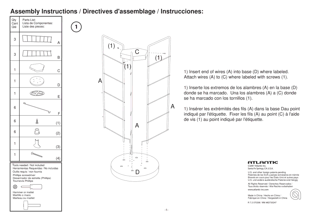 Atlantic 63735247 manual Insert end of wires a into base D where labeled 