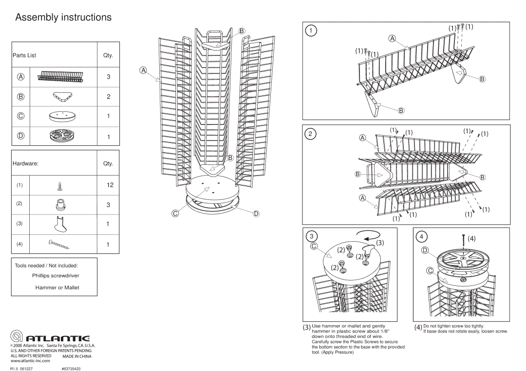 Atlantic 63735423 manual Assembly instructions, Parts ListQty, Phillips screwdriver Hammer or Mallet 