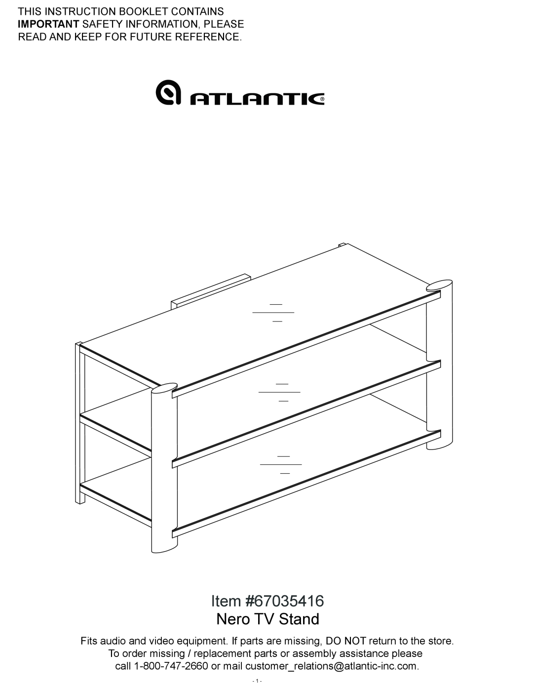 Atlantic manual Item #67035416 Nero TV Stand, This Instruction Booklet Contains, Important Safety Information, Please 