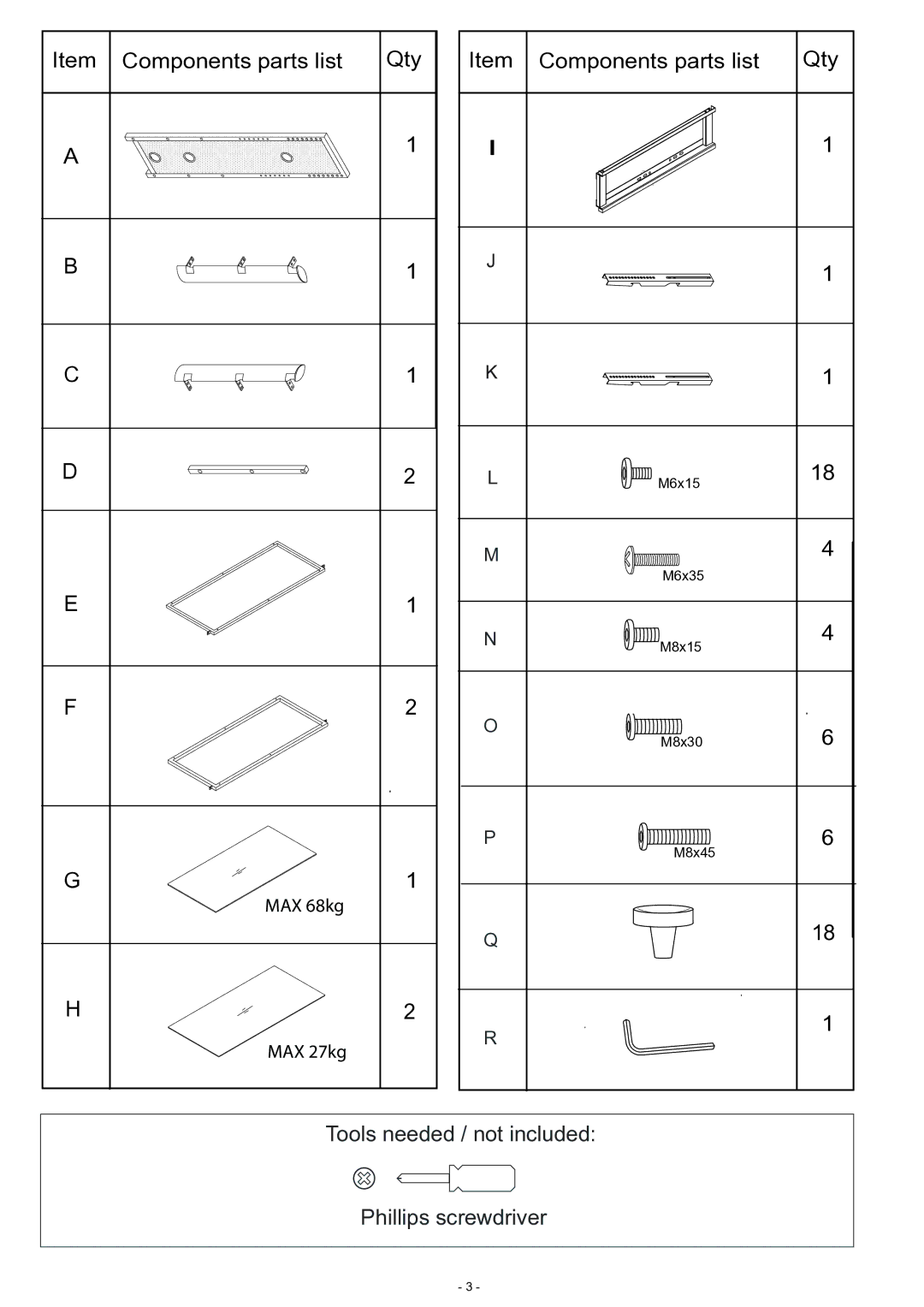 Atlantic 67035439 manual Item Components parts list Qty 