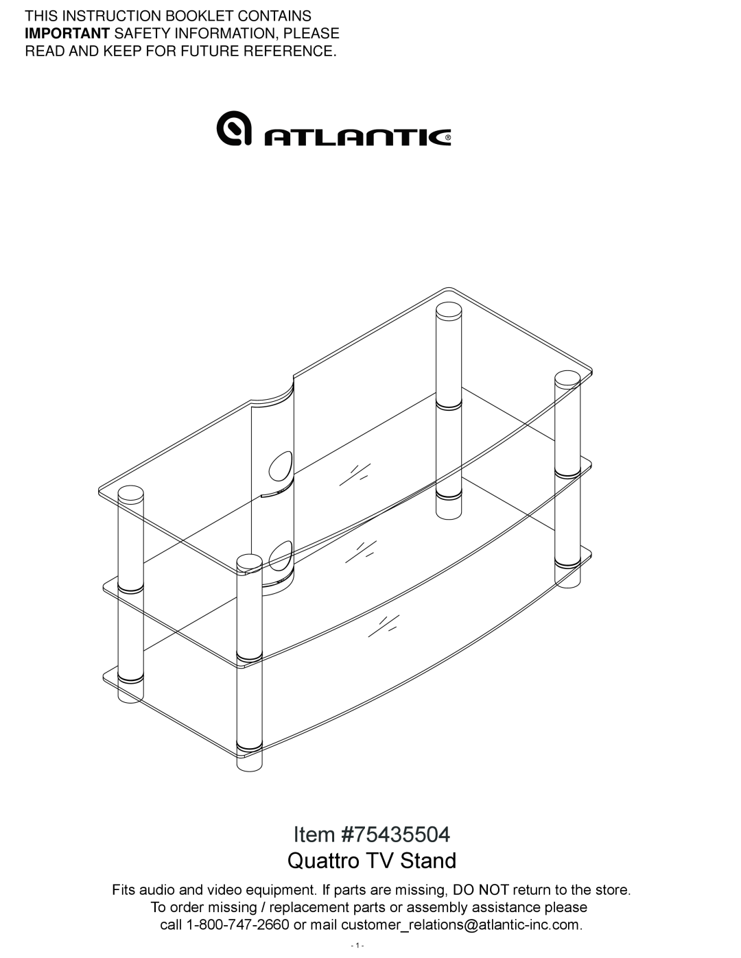 Atlantic manual Item #75435504 Quattro TV Stand, This Instruction Booklet Contains, Read And Keep For Future Reference 