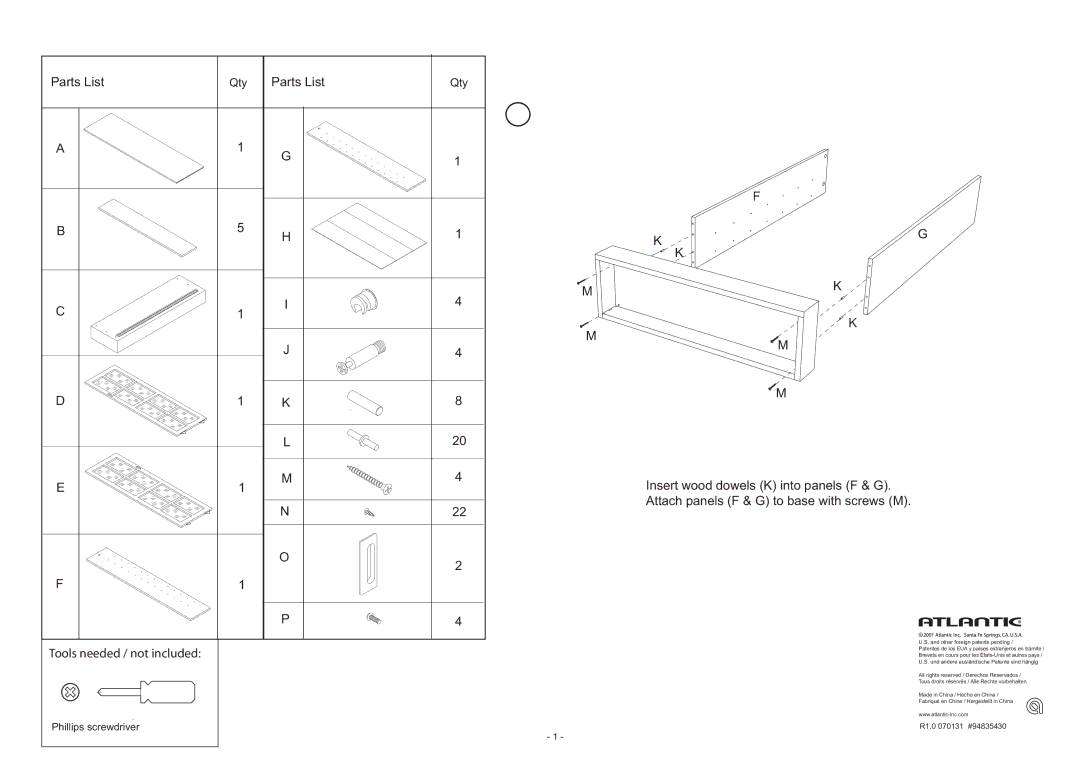 Atlantic 94835430, 432 CD manual Parts List 