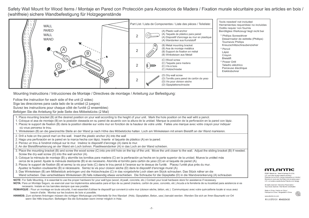 Atlantic 94835430, 432 CD manual Wall 