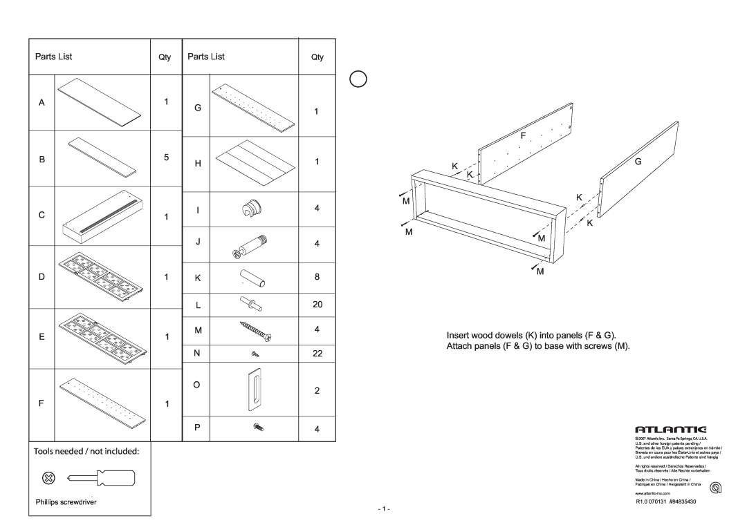 Atlantic 94835430 manual Parts List, Tools needed / not included, F Kg K Mk K M M M, Insert wood dowels K into panels F & G 