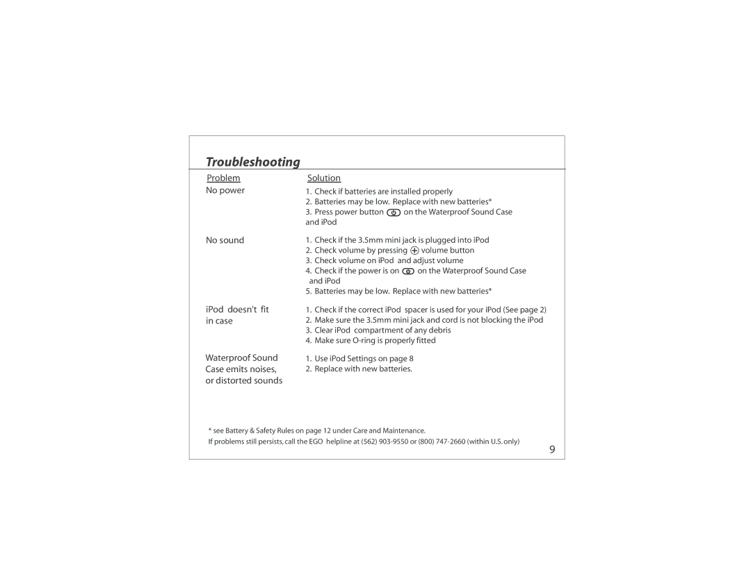 Atlantic EGO instruction manual Troubleshooting, Problem No power No sound Solution 