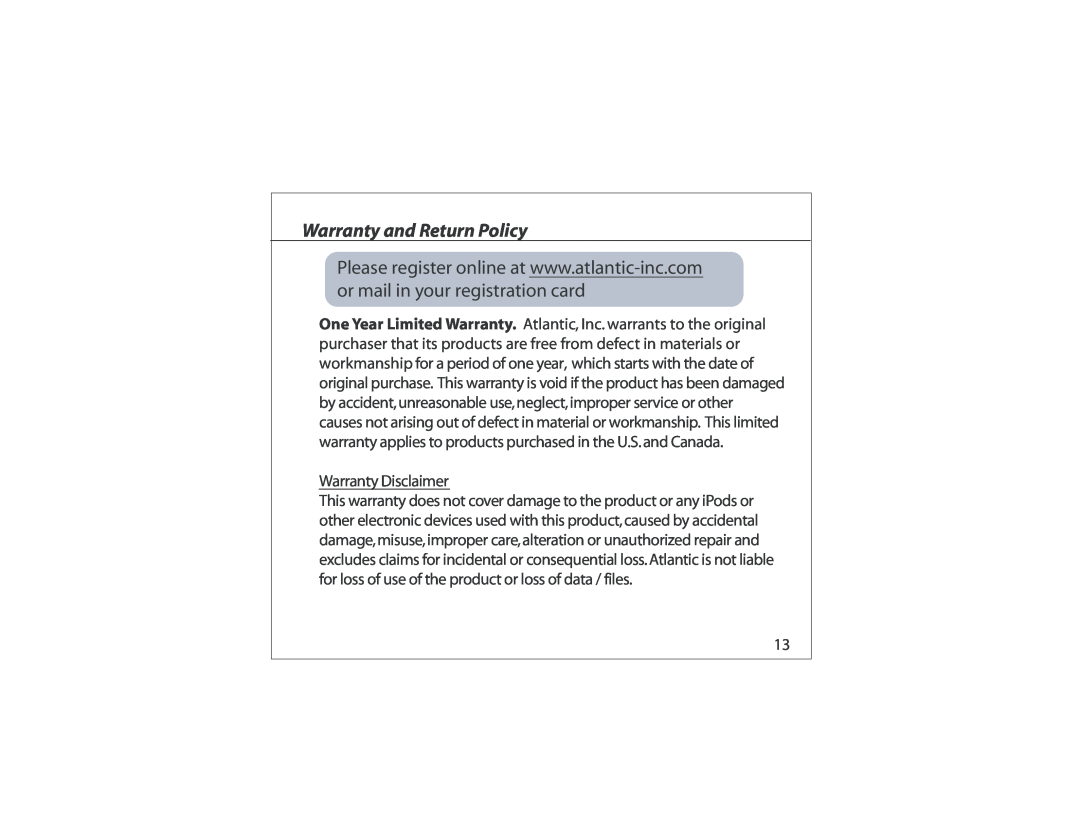Atlantic EGO instruction manual Warranty and Return Policy, Warranty Disclaimer 