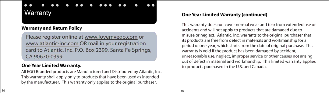 Atlantic iceBar instruction manual Warranty and Return Policy One Year Limited Warranty 