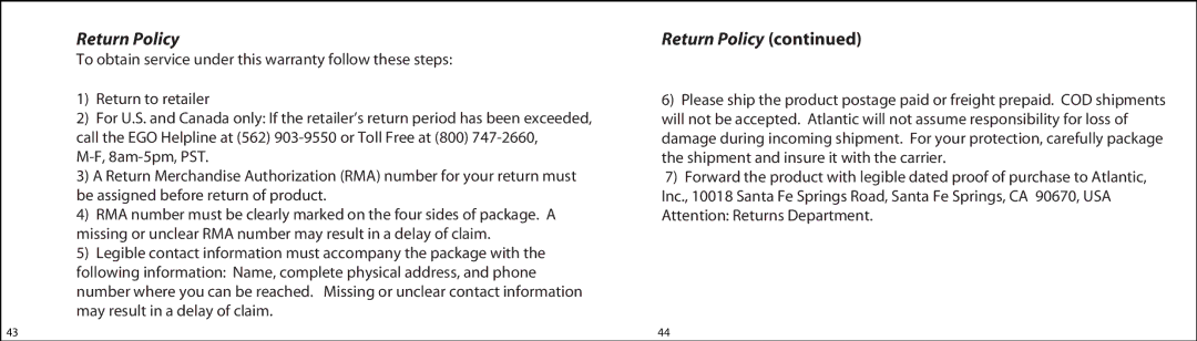 Atlantic iceBar instruction manual Return Policy 