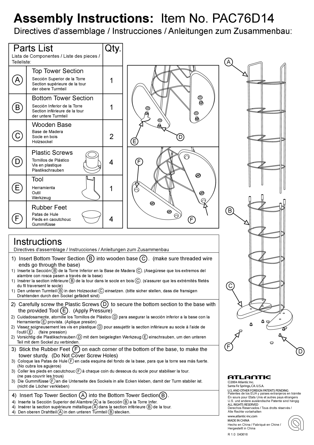 Atlantic manual Assembly Instructions Item No. PAC76D14, Parts List, Qty 