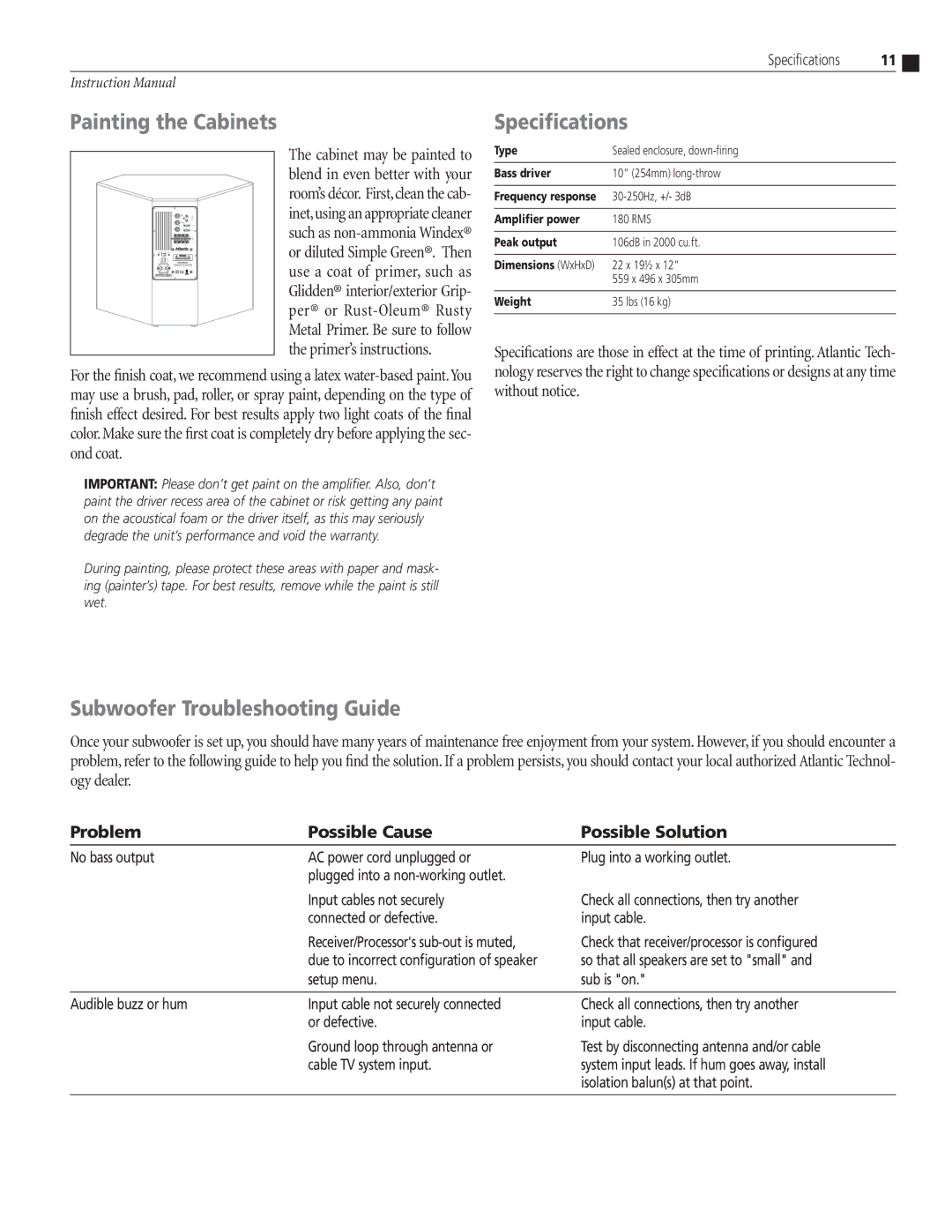 Atlantic Technology 10 CSB instruction manual Painting the Cabinets, Speciﬁcations, Subwoofer Troubleshooting Guide 