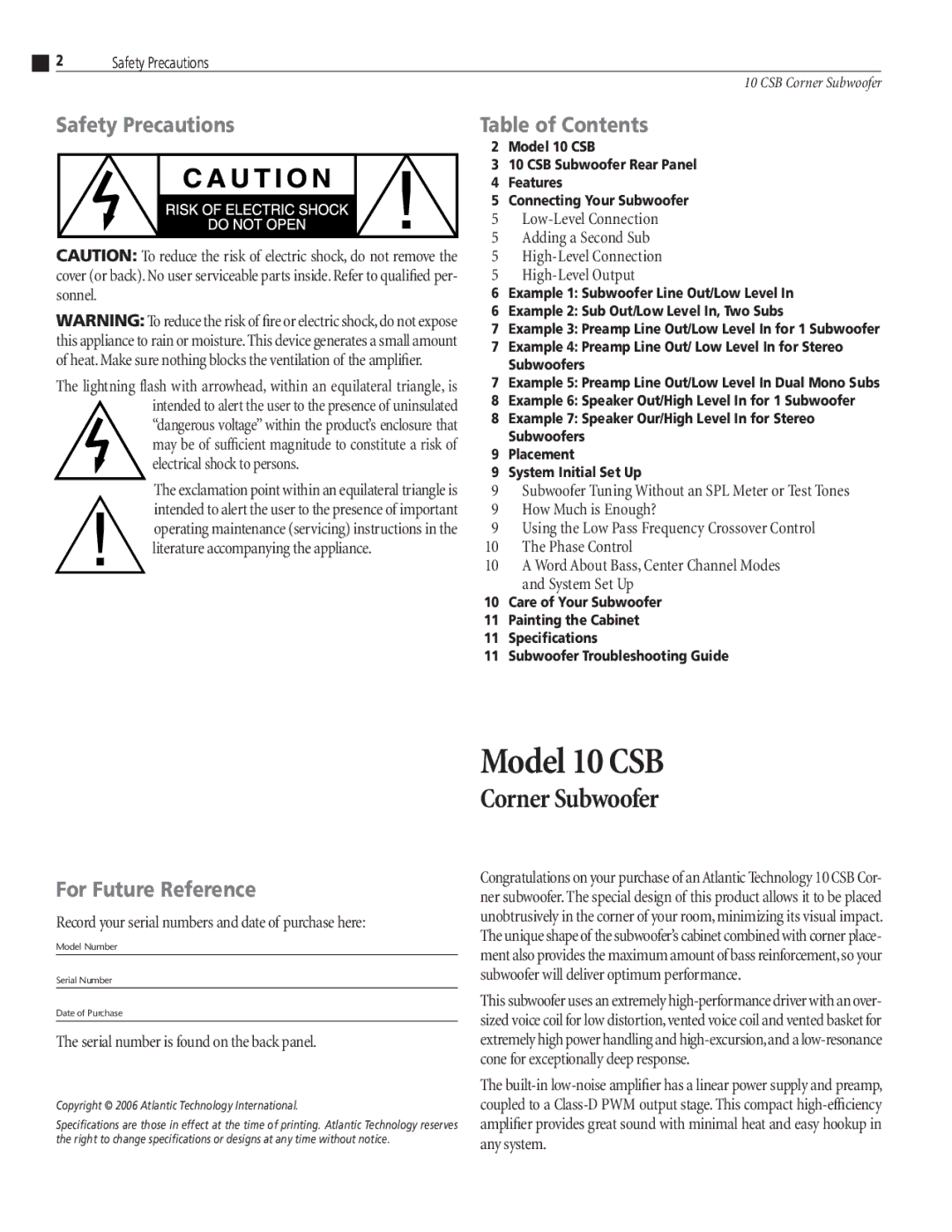 Atlantic Technology 10 CSB instruction manual Safety Precautions, Table of Contents, For Future Reference 