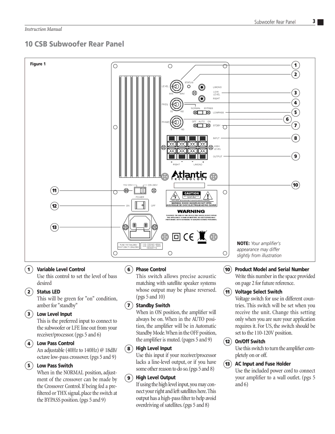 Atlantic Technology 10 CSB instruction manual CSB Subwoofer Rear Panel, Use this control to set the level of bass desired 