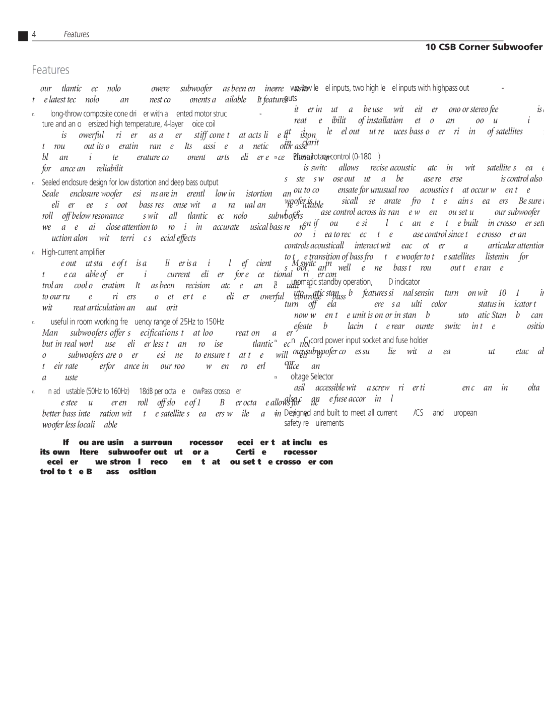 Atlantic Technology 10 CSB instruction manual Features, High-current ampliﬁer 