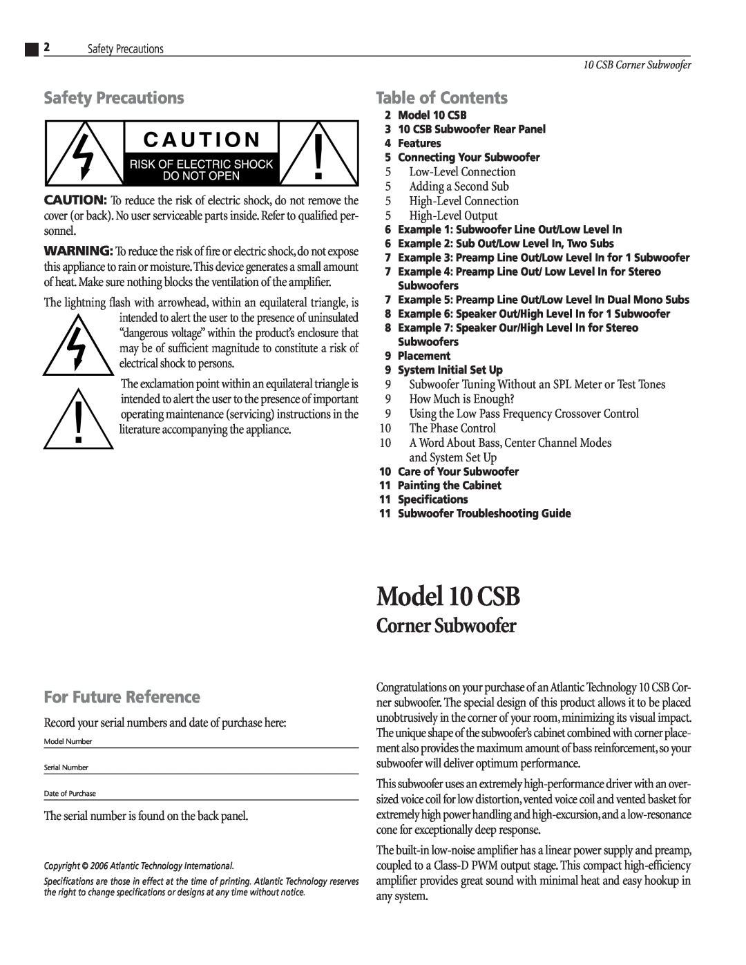 Atlantic Technology Safety Precautions, Table of Contents, For Future Reference, Model 10 CSB, Corner Subwoofer 