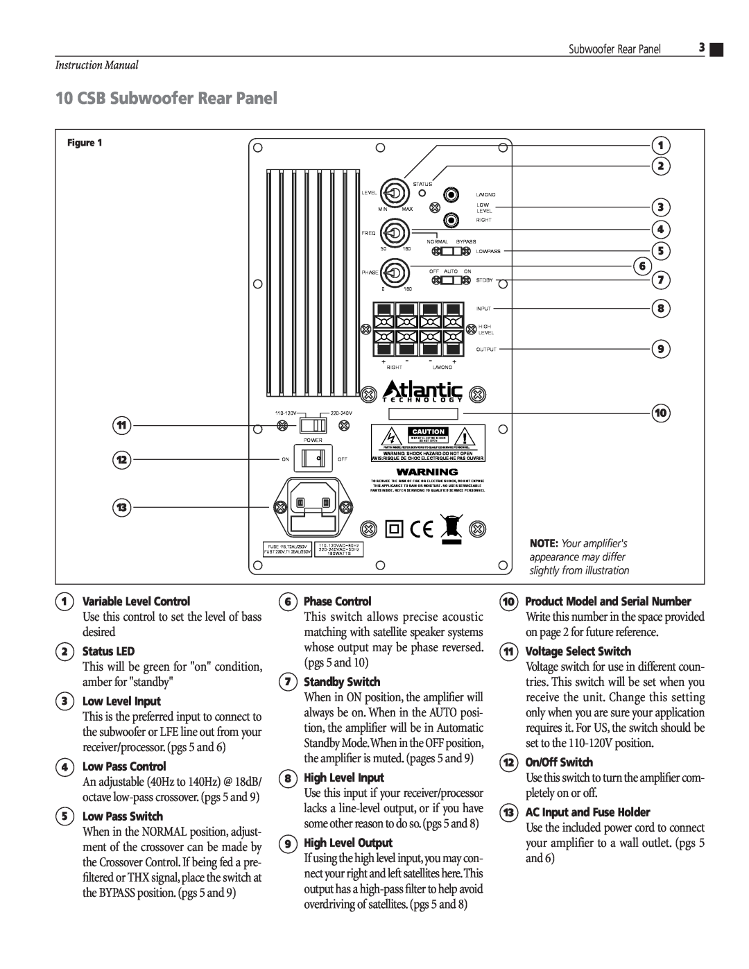 Atlantic Technology 10 CSB instruction manual CSB Subwoofer Rear Panel 