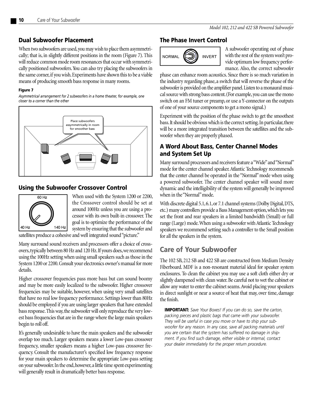 Atlantic Technology 422 SB, 102 SB, 212 SB instruction manual Care of Your Subwoofer, Dual Subwoofer Placement 