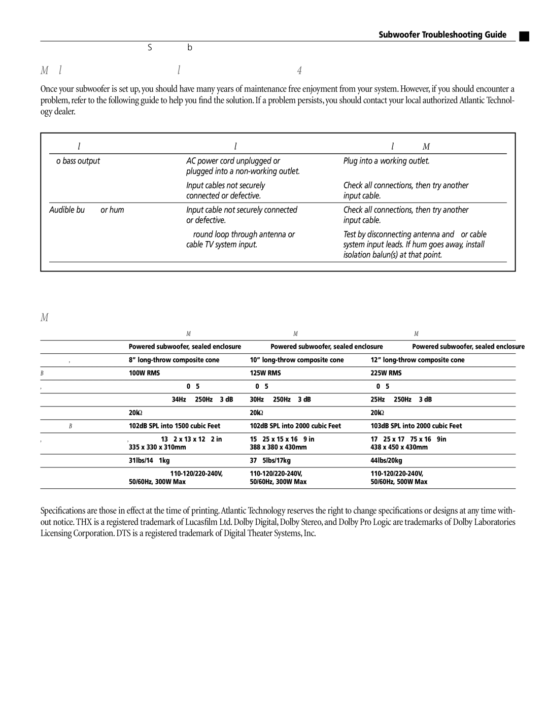 Atlantic Technology 212 SB, 102 SB, 422 SB instruction manual Subwoofer Troubleshooting Guide, Speciﬁcations 