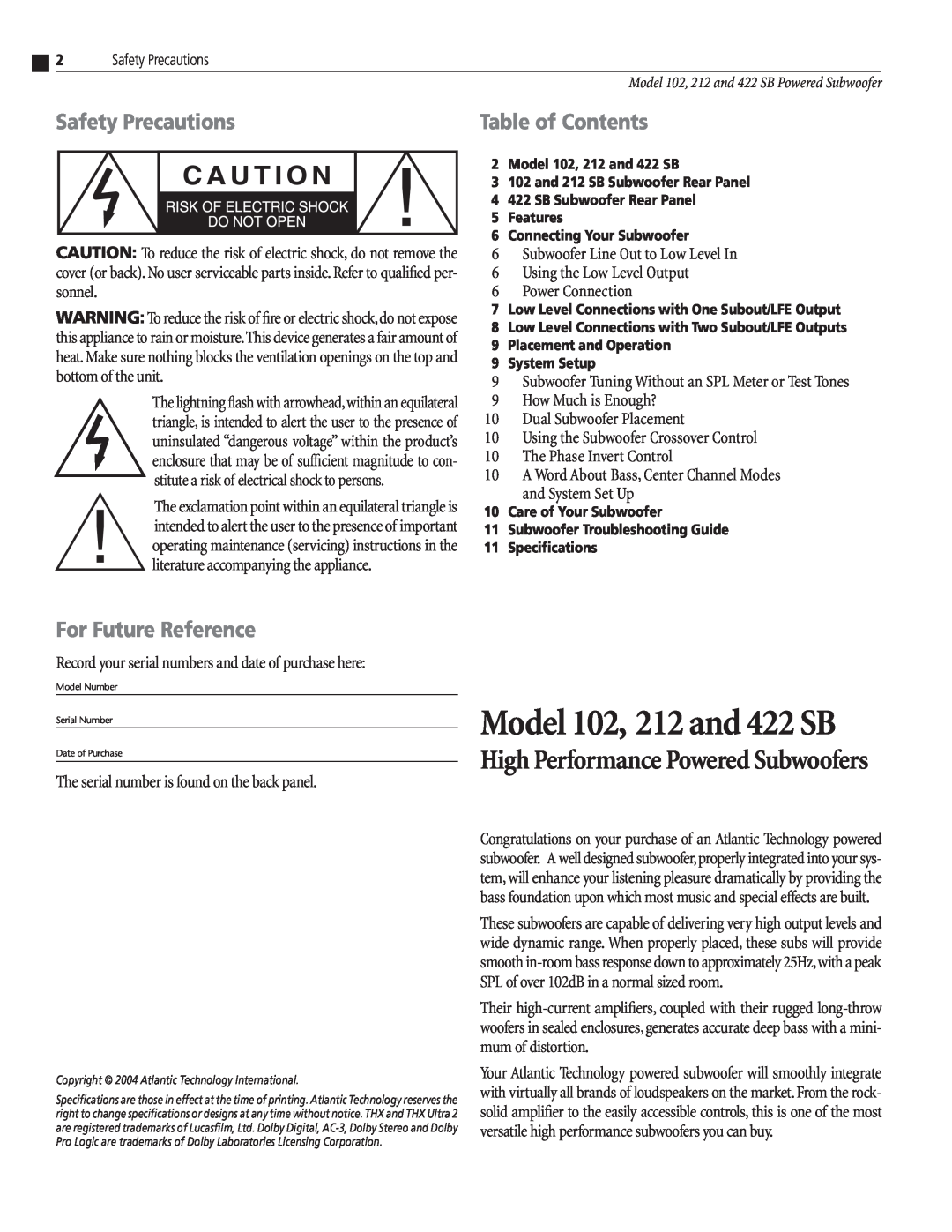 Atlantic Technology 212 SB, 102 SB Safety Precautions, For Future Reference, Model 102, 212 and 422 SB, Table of Contents 