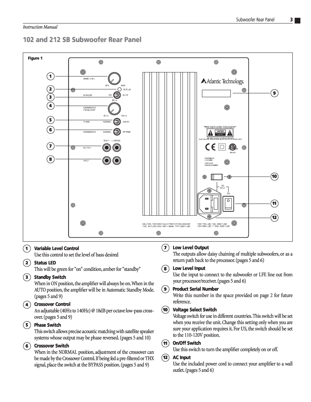 Atlantic Technology 102 SB, 422 SB instruction manual and 212 SB Subwoofer Rear Panel 