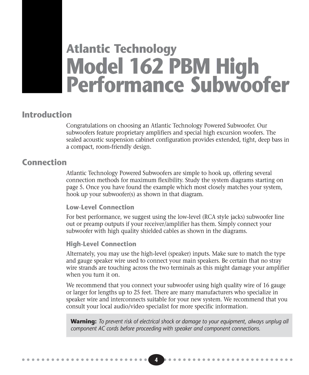 Atlantic Technology 162 PBM instruction manual Introduction, Connection 